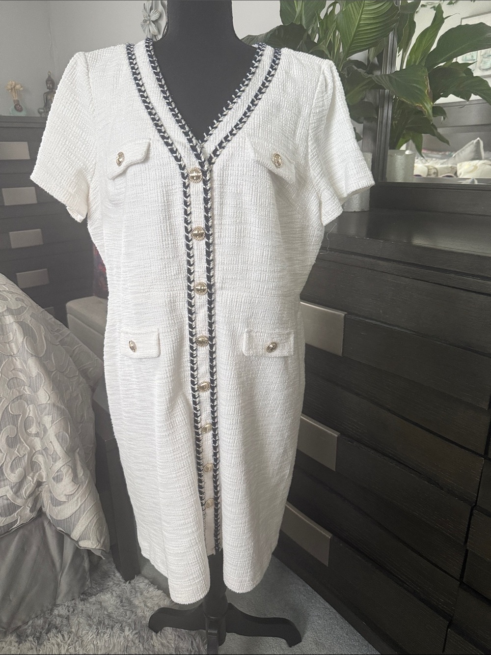 Karl Lagerfeld White Tweed Asymmetrical Dress with Black Trim